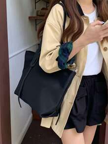 字母貼片單肩手提包書包，適合畢業生、青少年女孩、新生、大二、大三、大學、大學和高中，非常適合戶外、旅行和返校 - 黑色 - 查看 2