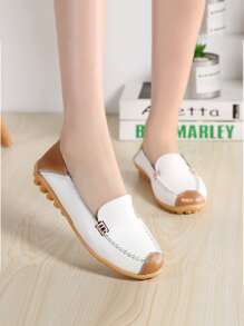 Stitch Detail Slip-On Flat Loafers - White - View 1