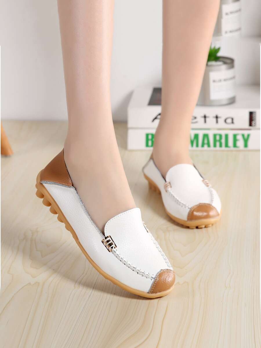 Stitch Detail Slip-On Flat Loafers - White - View 1