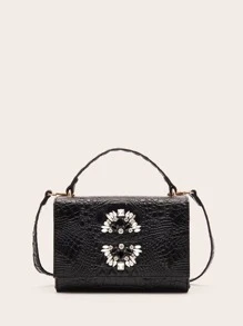 VANESSAMAY&DKMG Crocodile Rhinestone Decor Square Bag - Black - View 1