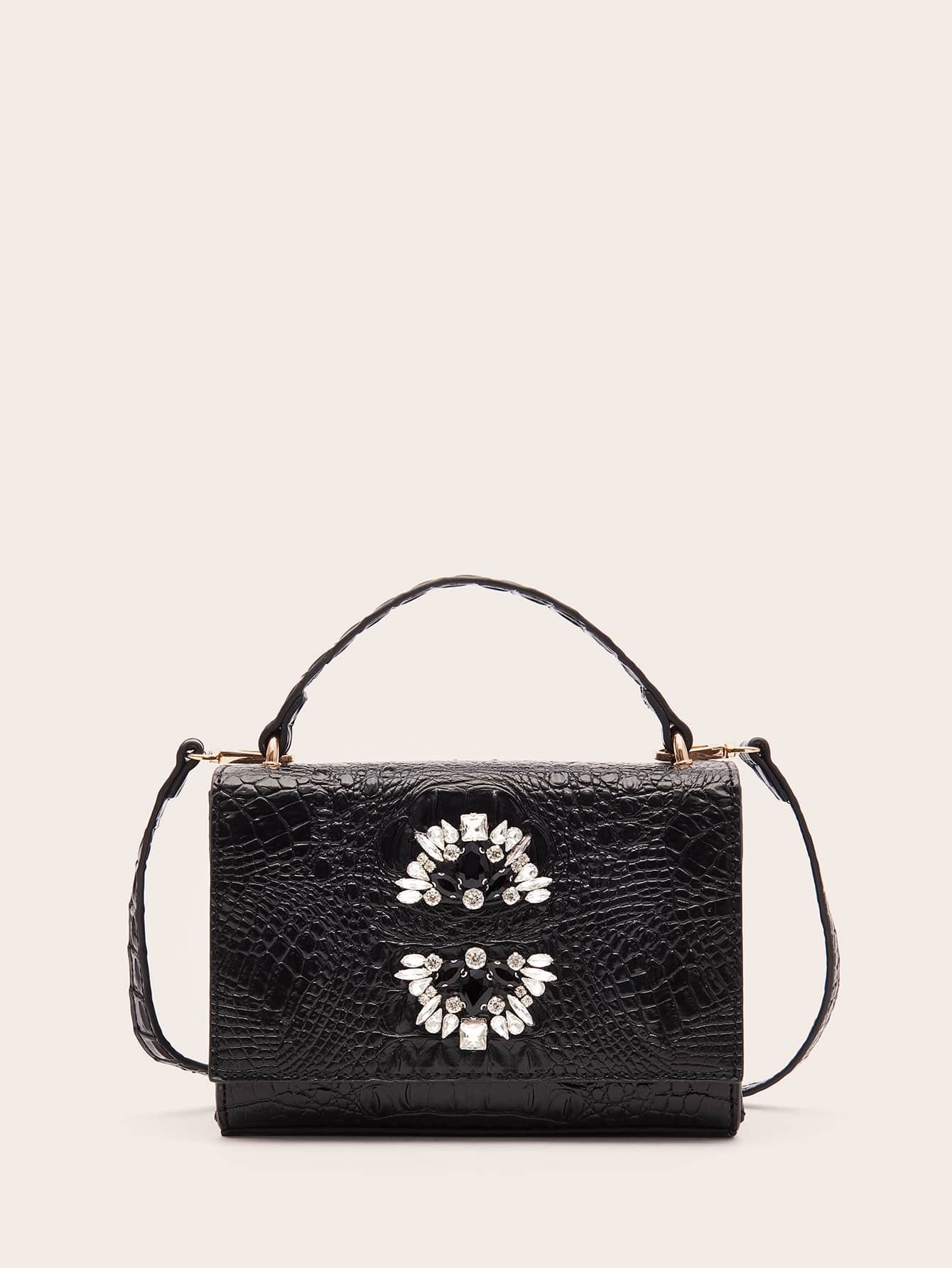 VANESSAMAY&DKMG Crocodile Rhinestone Decor Square Bag - Black - View 1