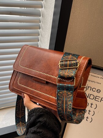 Mini Embroidered Detail Square Bag Mini Vintage Crossbody Bag PU Leather Shoulder Bag Women's Classic Handbag Phone Purse, Retro Inspired Bag, Vintage Bag For Women