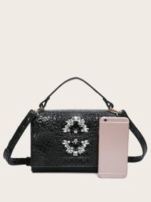 VANESSAMAY&DKMG Crocodile Rhinestone Decor Square Bag - Black - View 6