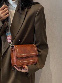 迷你刺绣细节方形包迷你复古斜挎包 PU 皮革单肩包女士经典手提包手机钱包，复古风包