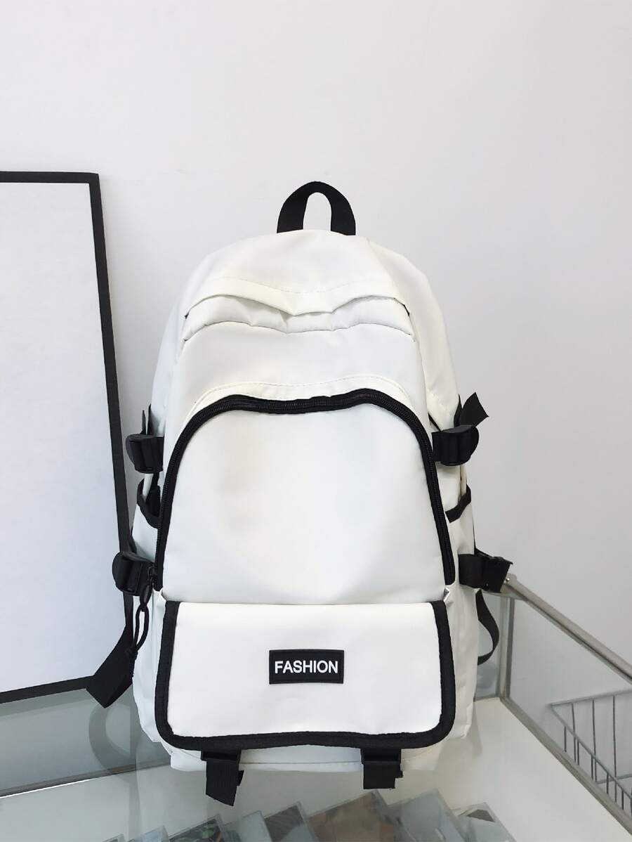 Niños Mochila funcional unido en contraste con parche de letra de gran capacidad - Blanco - Ver 1