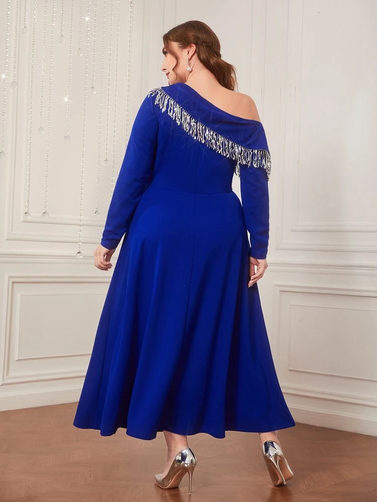 Plus Asymmetrical Neck Fringe Trim Dress Long Evening Dresses