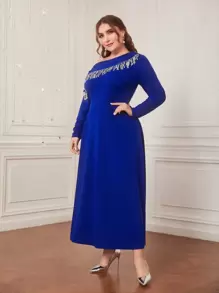 Modelyn Plus Asymmetrical Neck Fringe Trim Dress Long Evening Dresses - Royal Blue - View 3