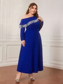 Modelyn Plus Asymmetrical Neck Fringe Trim Dress Long Evening Dresses - Royal Blue - View 4