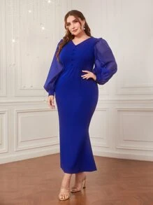 Modelyn Plus Lantern Sleeve Button Front Dress - Royal Blue - View 2