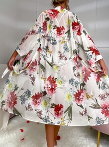 Floral Print Contrast Lace Mesh Slip Dress With Belted Robe - Multicolor - View 2