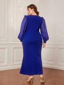 Modelyn Plus Lantern Sleeve Button Front Dress - Royal Blue - View 3