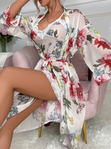 Floral Print Contrast Lace Mesh Slip Dress With Belted Robe - Multicolor - View 5