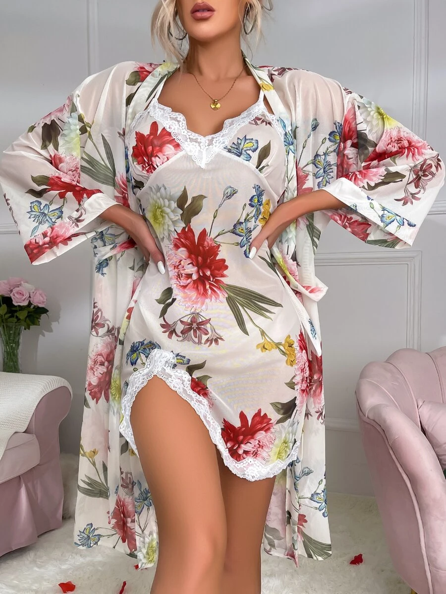 Floral Print Contrast Lace Mesh Slip Dress With Belted Robe - Multicolor - View 1