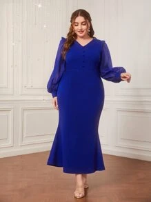 Modelyn Plus Lantern Sleeve Button Front Dress - Royal Blue - View 1