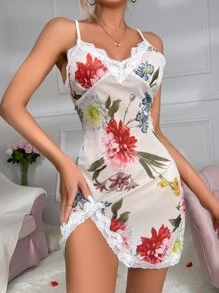 Floral Print Contrast Lace Mesh Slip Dress With Belted Robe - Multicolor - View 3