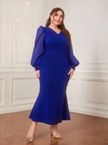 Modelyn Plus Lantern Sleeve Button Front Dress - Royal Blue - View 4