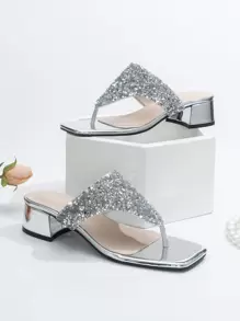 Women's Open Toe High Heel Sandals, Square Toe Fashion Shoes, Spring & Summer - Silver - View 1