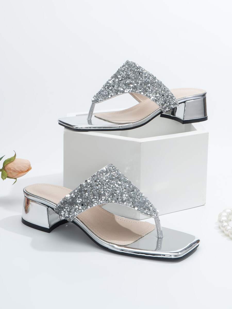 Women's Open Toe High Heel Sandals, Square Toe Fashion Shoes, Spring & Summer - Silver - View 1