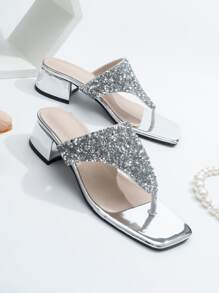 Women's Open Toe High Heel Sandals, Square Toe Fashion Shoes, Spring & Summer - Silver - View 2