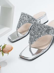 Women's Open Toe High Heel Sandals, Square Toe Fashion Shoes, Spring & Summer - Silver - View 5