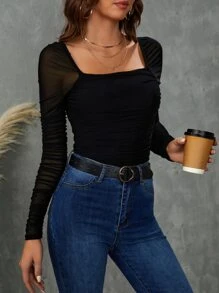 SHEIN BAE Square Neck Ruched Mesh Top - Black - View 1