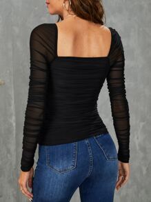 SHEIN BAE Square Neck Ruched Mesh Top - Black - View 2
