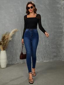 SHEIN BAE Square Neck Ruched Mesh Top - Black - View 4