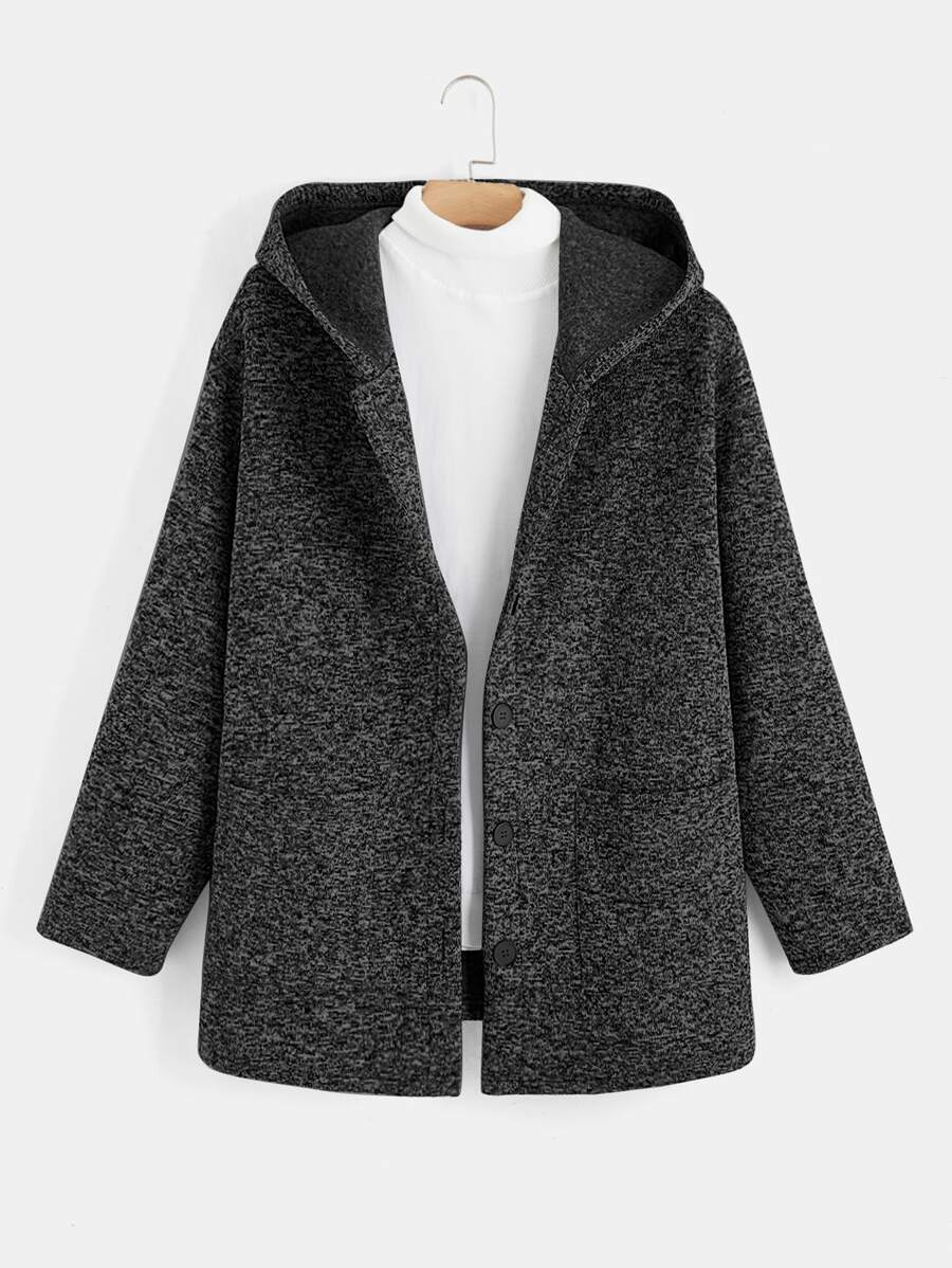 SHEIN LUNE 秋冬加双口袋连帽大衣（不含毛衣） - 深灰色 - 查看 1