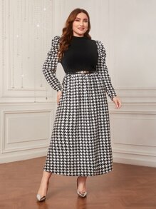 Modelyn 大碼千鳥格印花羊腿袖洋裝不附腰帶 - 黑與白 - 查看 1