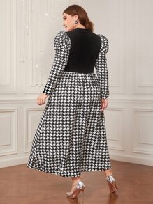 Modelyn 大碼千鳥格印花羊腿袖洋裝不附腰帶 - 黑與白 - 查看 2
