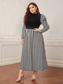 Modelyn 大碼千鳥格印花羊腿袖洋裝不附腰帶 - 黑與白 - 查看 5