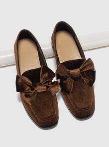 Bow Decor Flannel Square Toe Flat Loafers - Brown - View 1