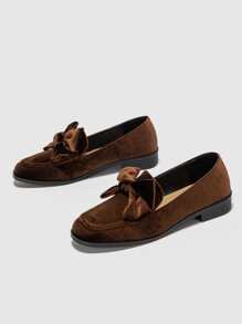 Bow Decor Flannel Square Toe Flat Loafers - Brown - View 2