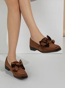 Bow Decor Flannel Square Toe Flat Loafers - Brown - View 4