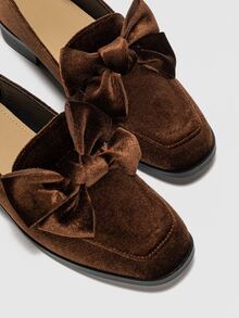 Bow Decor Flannel Square Toe Flat Loafers - Brown - View 6