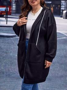 SHEIN LUNE Plus Size Zip Up Drop Shoulder Drawstring Sweatshirt - Black - View 2
