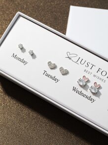 5 pares Pendientes de tachuela zirconia cúbica con corazón & con diseño de conejo - Multicolor - Ver 3