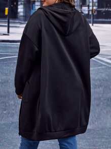 SHEIN LUNE Plus Size Zip Up Drop Shoulder Drawstring Sweatshirt - Black - View 3