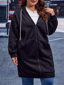 SHEIN LUNE Plus Size Zip Up Drop Shoulder Drawstring Sweatshirt - Black - View 4