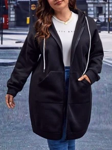 SHEIN LUNE Plus Size Zip Up Drop Shoulder Drawstring Sweatshirt - Black - View 5