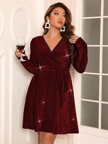 Celure Vestido brillante escote cruzado unido en contraste con cinturón - Burdeos - Ver 3