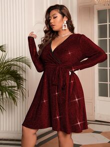 Celure Vestido brillante escote cruzado unido en contraste con cinturón - Burdeos - Ver 4