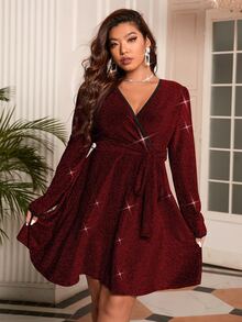 Celure Vestido brillante escote cruzado unido en contraste con cinturón - Burdeos - Ver 6