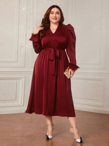Modelyn Burgundy Red Plus Fuzzy Cuff Belted Dress - Burgundy - View 3