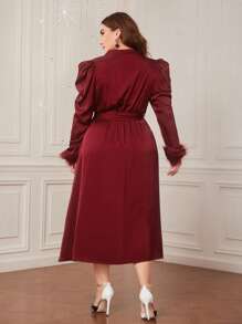 Modelyn Burgundy Red Plus Fuzzy Cuff Belted Dress - Burgundy - View 4