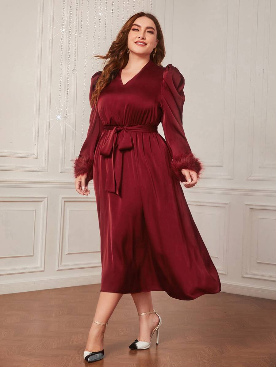 Modelyn Burgundy Red Plus Fuzzy Cuff Belted Dress - Burgundy - View 1