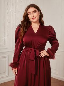 Modelyn Burgundy Red Plus Fuzzy Cuff Belted Dress - Burgundy - View 5