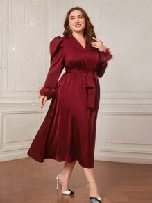 Modelyn Burgundy Red Plus Fuzzy Cuff Belted Dress - Burgundy - View 2