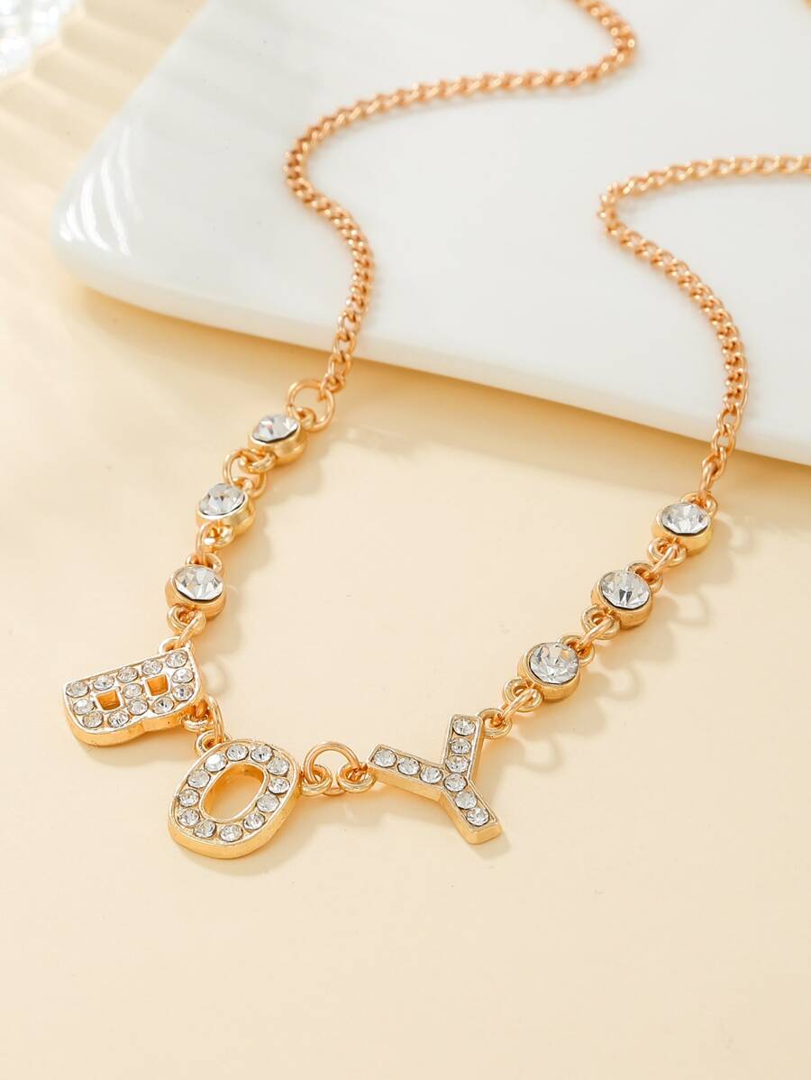 Rhinestone Letter Charm Necklace - Yellow Gold - View 1
