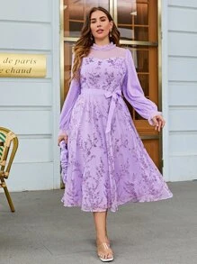 Simplee Plus Contrast Sequin Mesh Panel Swiss Dot Dress - Lilac Purple - View 1